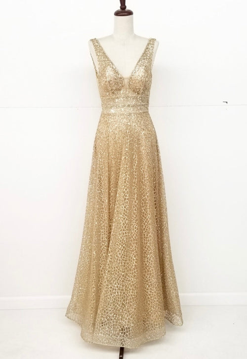 Chicas C7058 Modern Prom Gold A-Line Floor-Length Sequin Fabric Dress