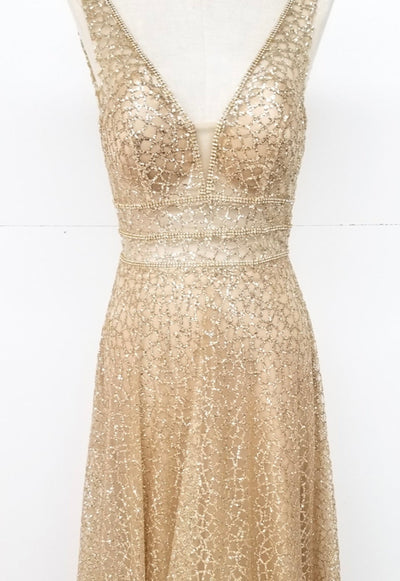 Chicas C7058 Modern Prom Gold A-Line Floor-Length Sequin Fabric Dress