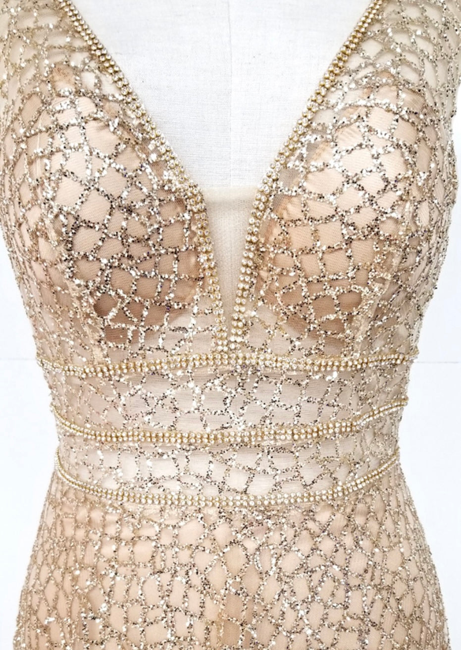Chicas C7058 Modern Prom Gold A-Line Floor-Length Sequin Fabric Dress