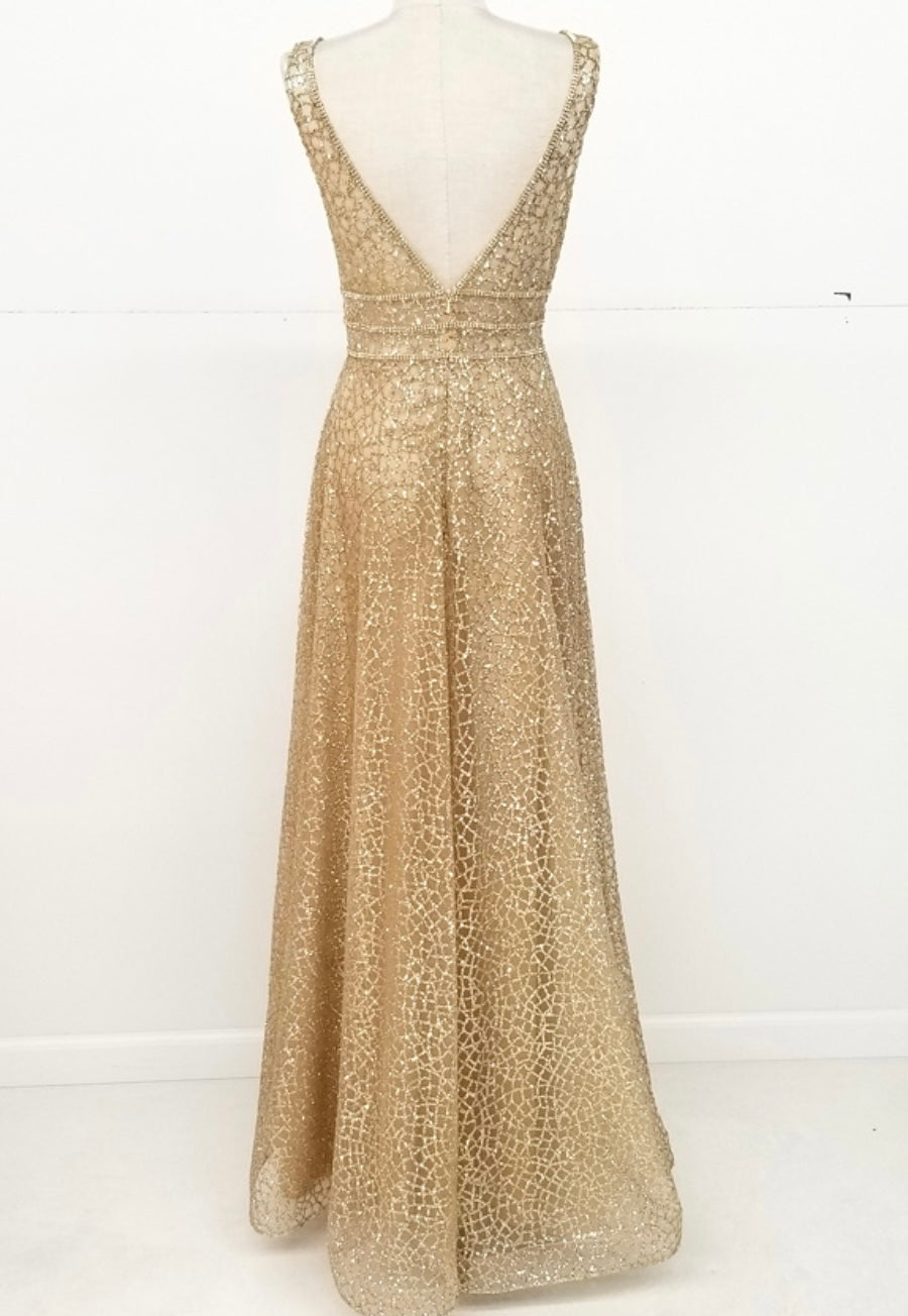 Chicas C7058 Modern Prom Gold A-Line Floor-Length Sequin Fabric Dress