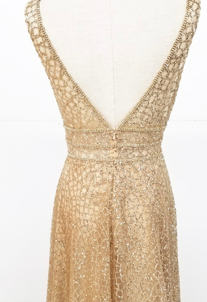 Chicas C7058 Modern Prom Gold A-Line Floor-Length Sequin Fabric Dress