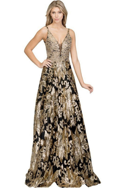 Chicas C1543 Printed Prom Black A-Line Illusion Mesh Dress