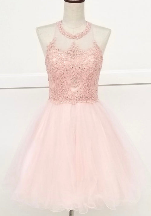 Chicas DM4002 Elegant Formal Halter Short Appliqué Style Tulle Dress
