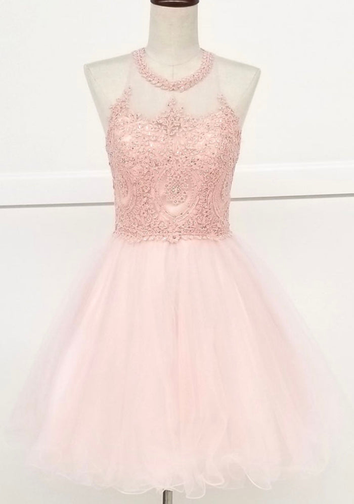 Chicas DM4002 Elegant Formal Halter Short Appliqué Style Tulle Dress