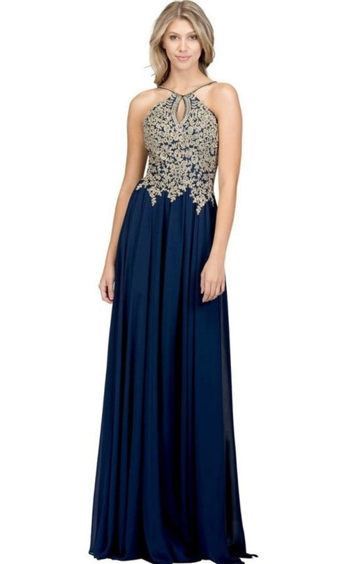 Chicas C1521 Printed Evening A-Line Floral Floor-Length Beaded Chiffon Dress