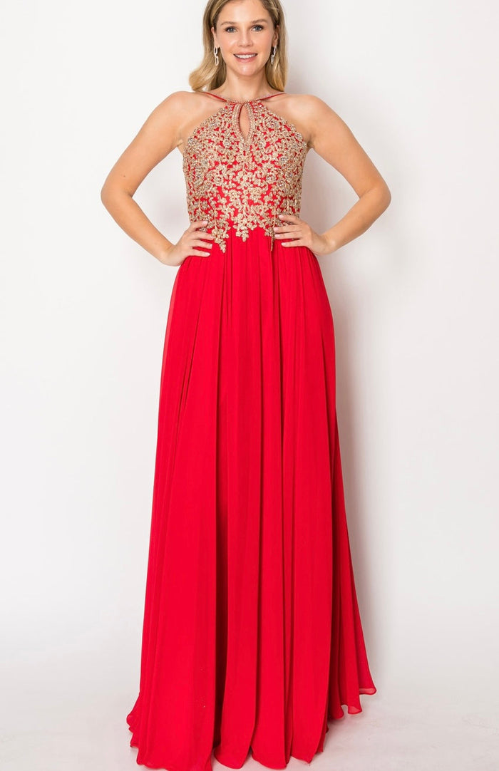 Chicas C1521 Printed Evening A-Line Floral Floor-Length Beaded Chiffon Dress