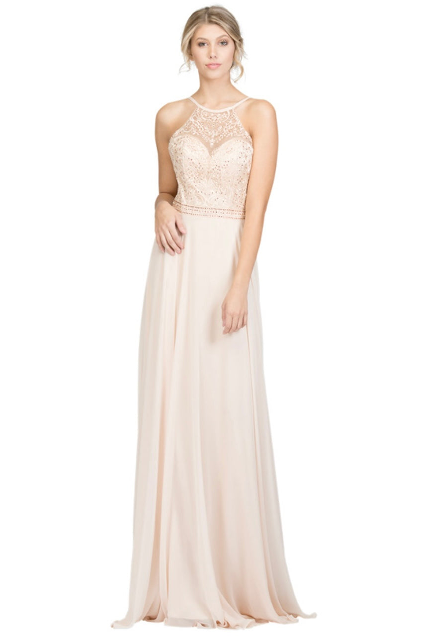 Chicas YG5008 Elegant Evening Halter Long Embroidered Chiffon Dress