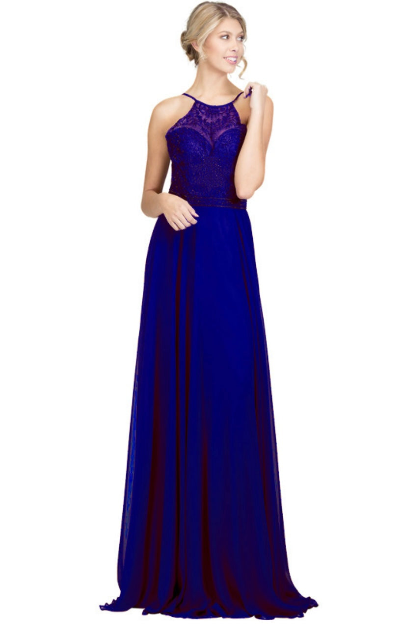 Chicas YG5008 Elegant Evening Halter Long Embroidered Chiffon Dress