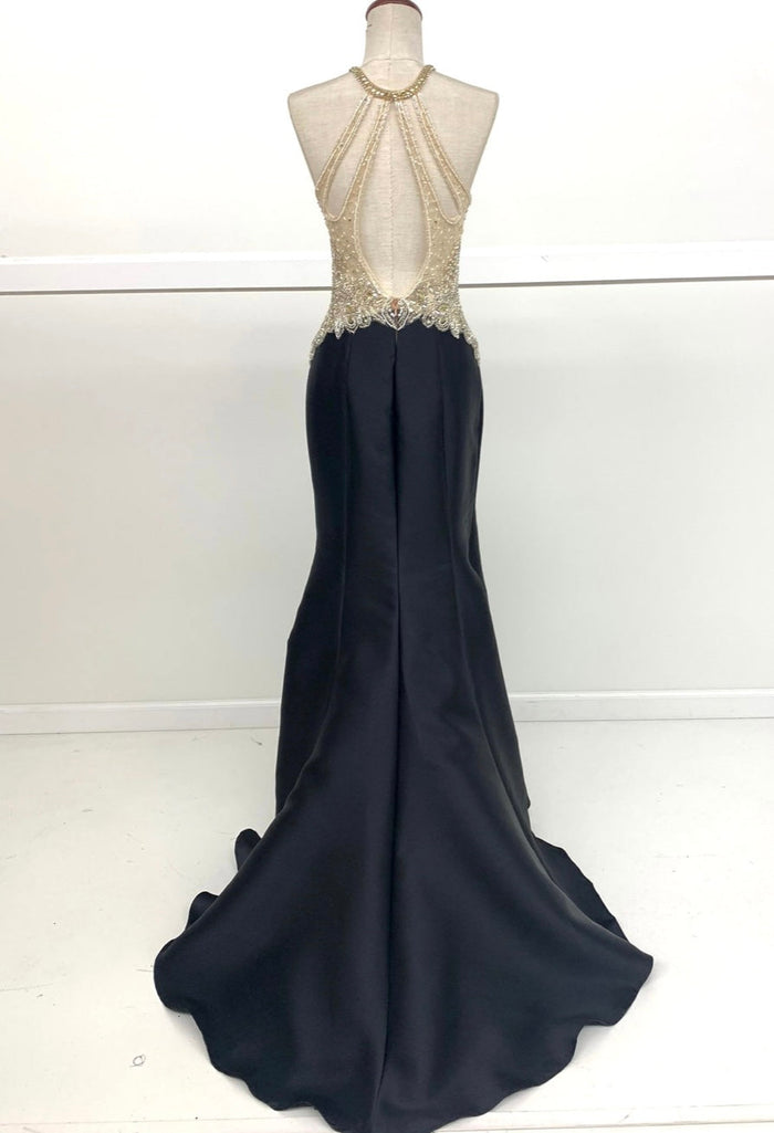 Chicas C9186 Black Mermaid Halter Floor-Length Beaded Satin Dress