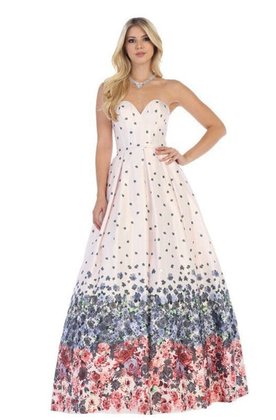 Chicas LM8006 Printed Blush BallDress Strapless Floral Floor-Length Fabric Dress