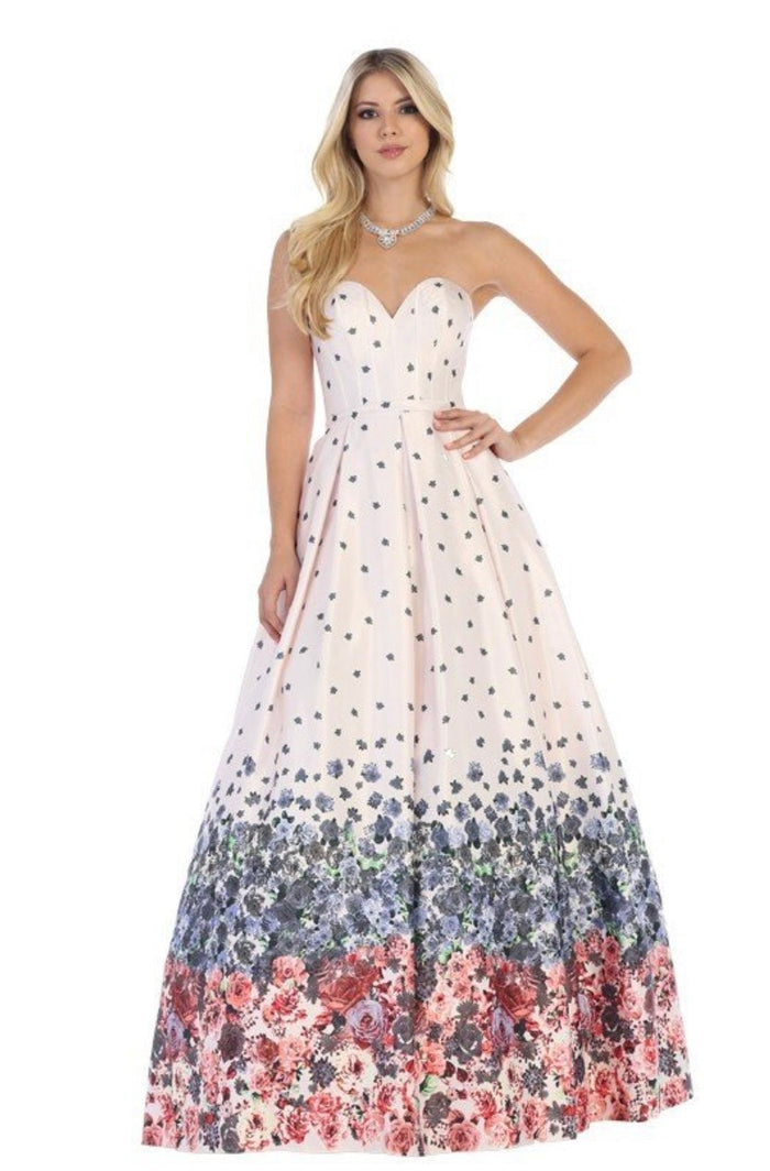Chicas LM8006 Printed Blush BallDress Strapless Floral Floor-Length Fabric Dress