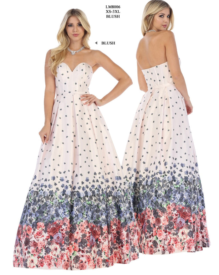 Chicas LM8006 Printed Blush BallDress Strapless Floral Floor-Length Fabric Dress