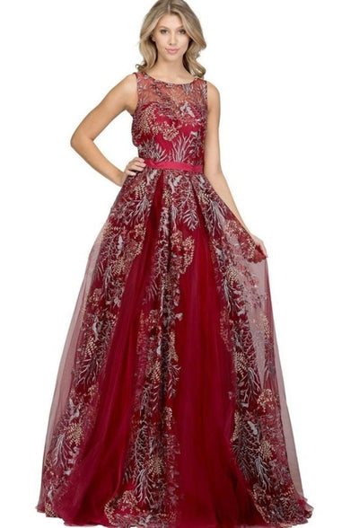 Chicas LM8007 Printed Formal Wine Illusion Floral Floor-Length Tulle Dress