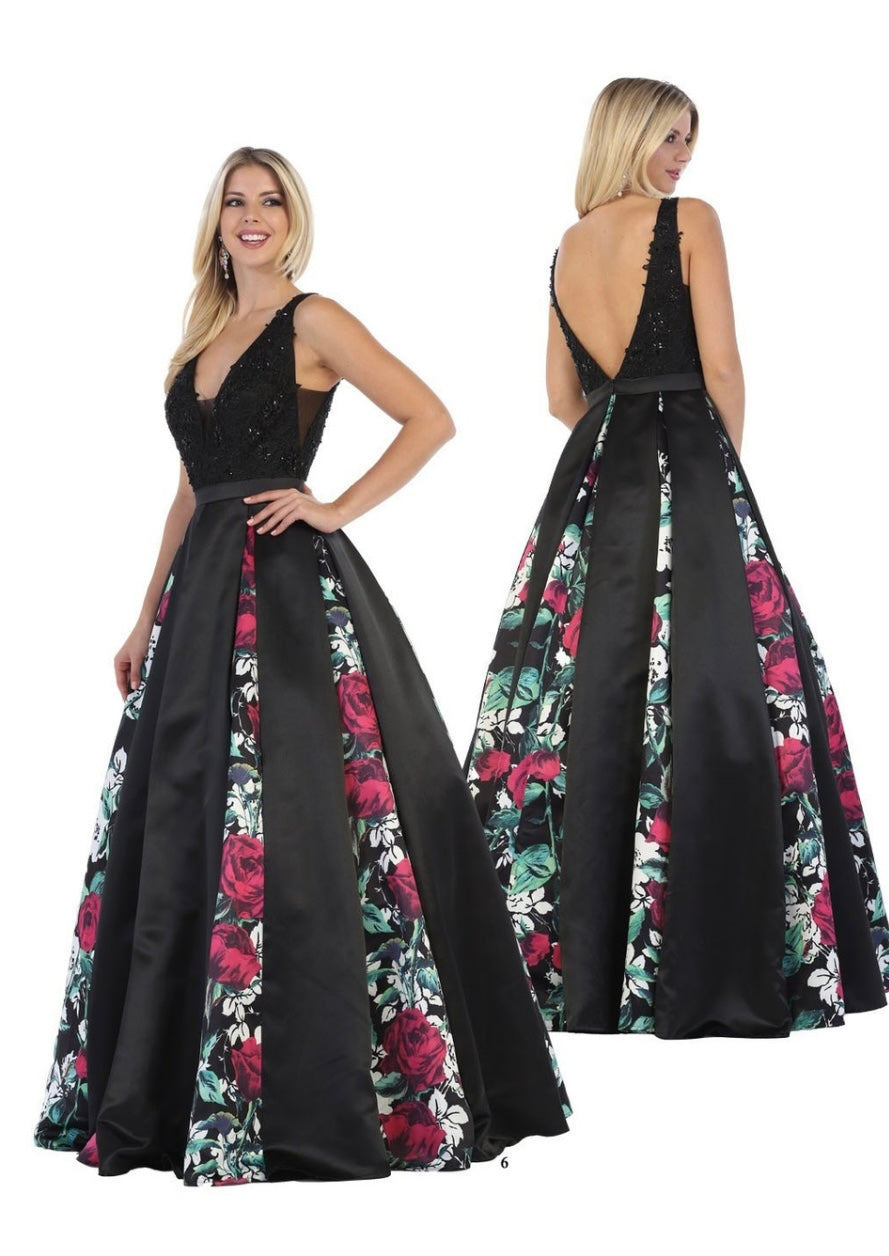 Chicas LM8008 Printed Formal Black A-Line Floral Satin Dress