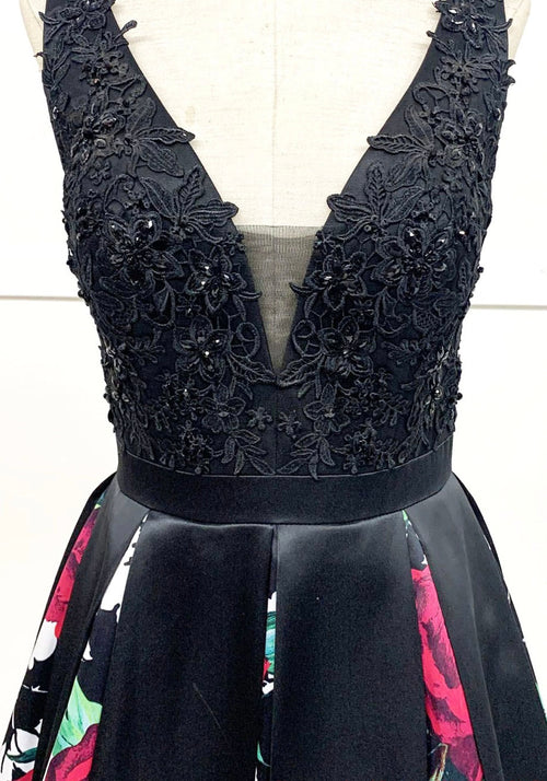 Chicas LM8008 Printed Formal Black A-Line Floral Satin Dress