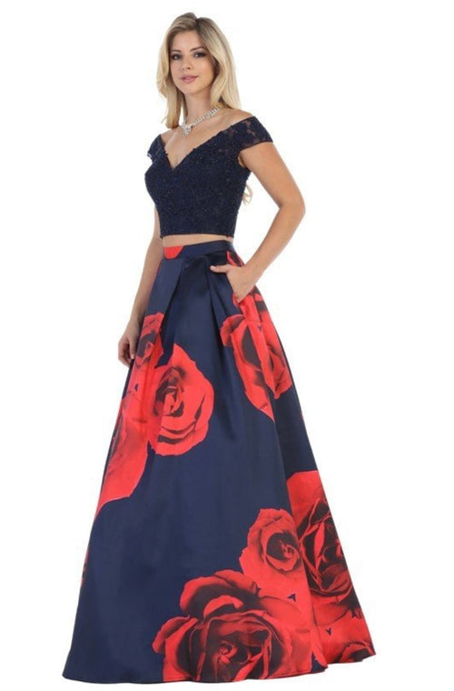 Chicas LM8011 Printed Formal Navy A-Line Floral Satin Dress