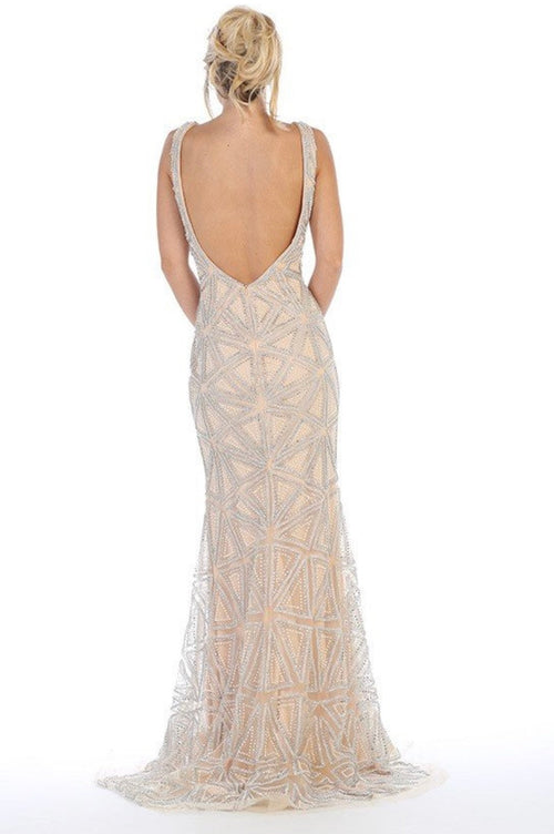 Chicas BT9011 Elegant Formal Navy Floor-Length Strappy Fabric Dress