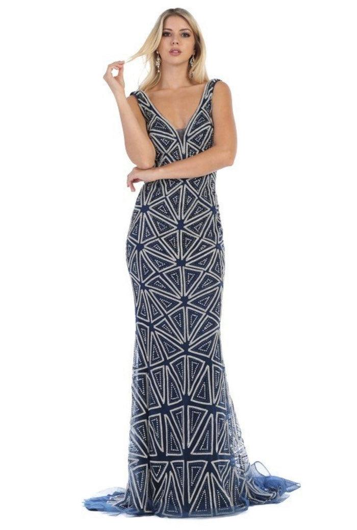 Chicas BT9011 Elegant Formal Navy Floor-Length Strappy Fabric Dress