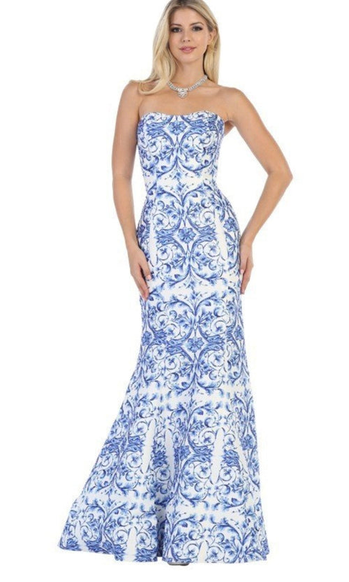 Chicas LM8018 Elegant Printed Formal Blue Mermaid Strapless Fabric Dress