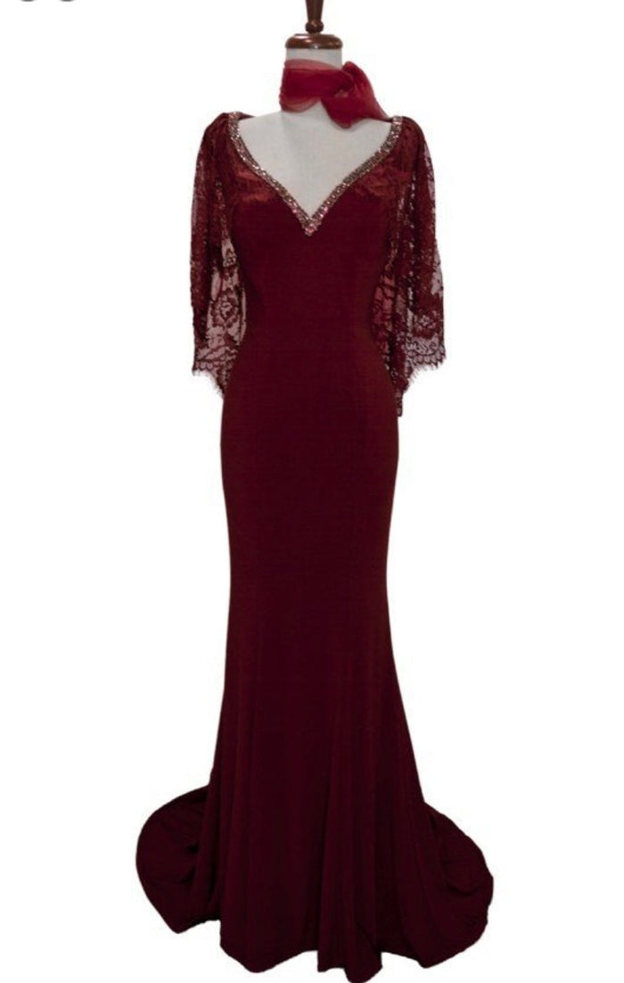 Chicas LM8019 Elegant Bridal Navy Floor-Length Shimmer Cape Lace Dress