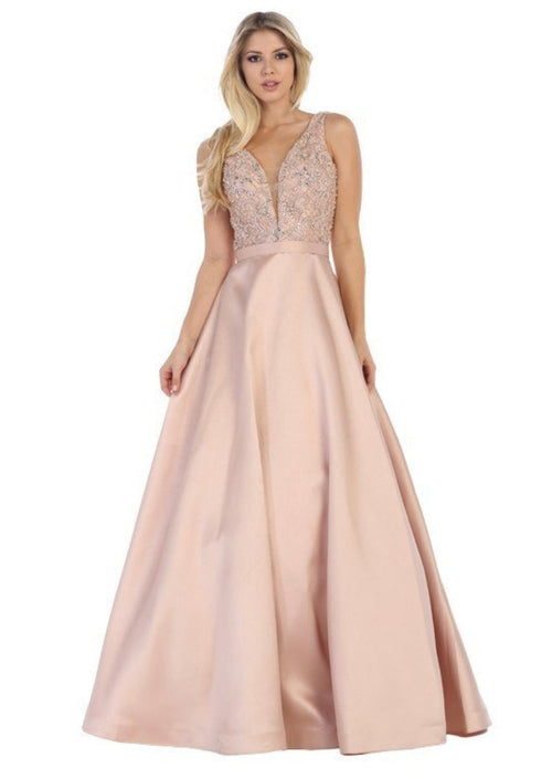 Chicas CC3022 Elegant Formal Ivory BallDress Illusion Floor-Length Satin Dress