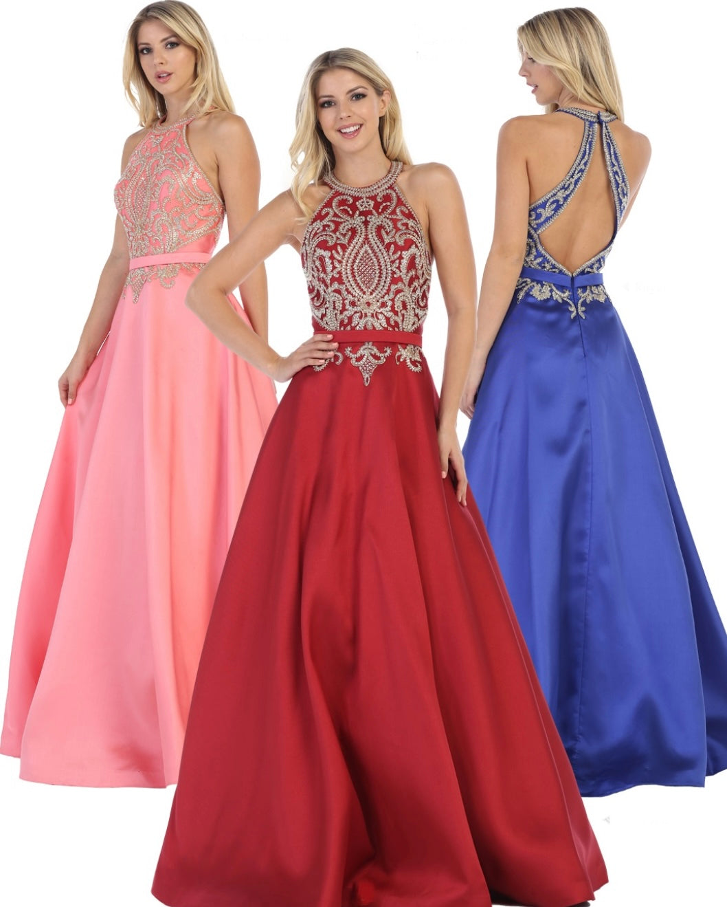 Chicas CC3025 Evening Royal A-Line Halter Floor-Length Satin Dress