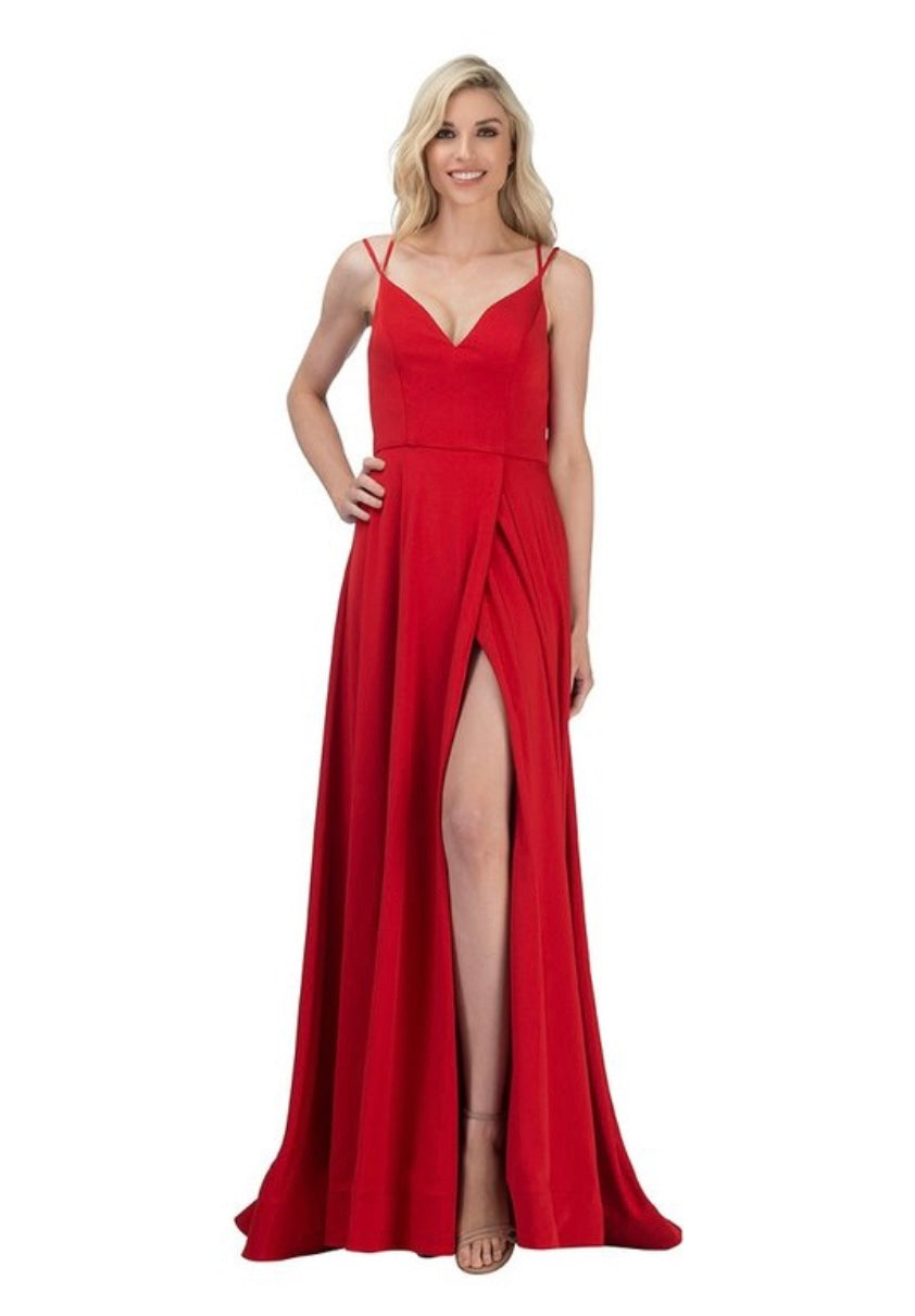 Chicas XR6009 Minimalist Formal Red A-Line Spaghetti-Strap Floor-Length Fabric Dress