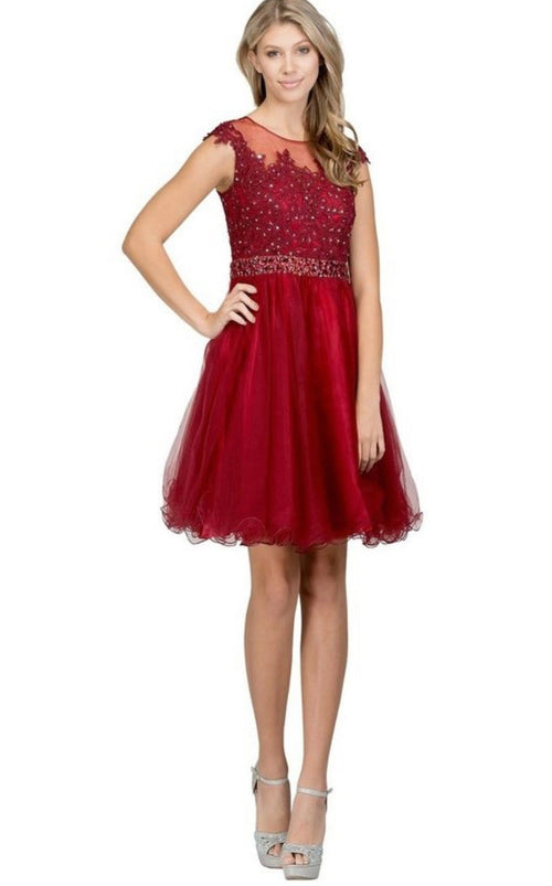 Chicas YG5007 Romantic Printed Illusion Floral Short Beaded Tulle Dress