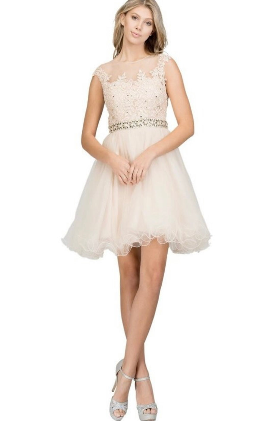 Chicas YG5007 Romantic Printed Illusion Floral Short Beaded Tulle Dress