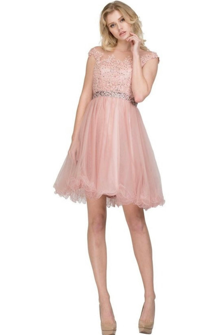 Chicas YG5007 Romantic Printed Illusion Floral Short Beaded Tulle Dress