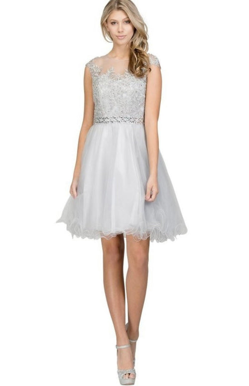 Chicas YG5007 Romantic Printed Illusion Floral Short Beaded Tulle Dress