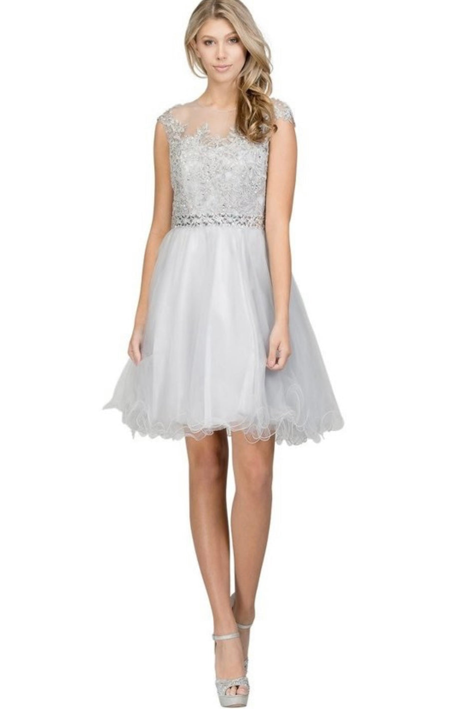 Chicas YG5007 Romantic Printed Illusion Floral Short Beaded Tulle Dress