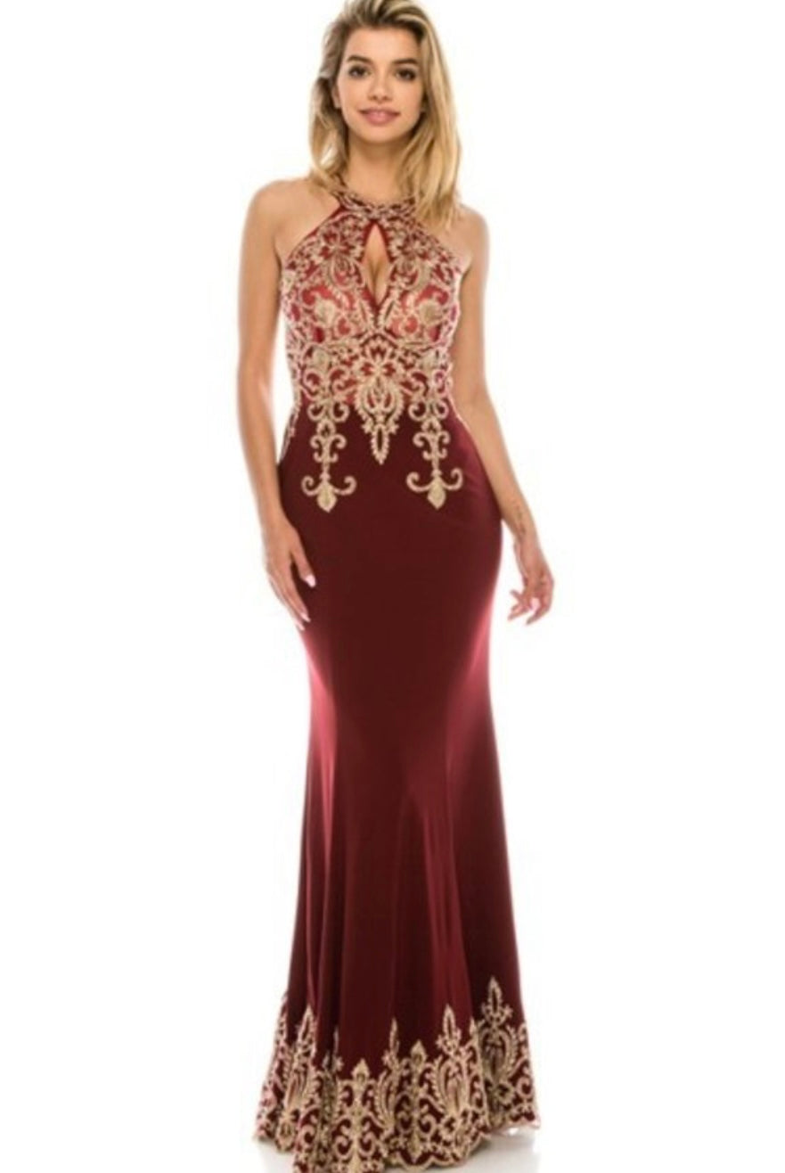 Chicas C9157 Evening Gold Mermaid Halter Floor-Length Fabric Dress