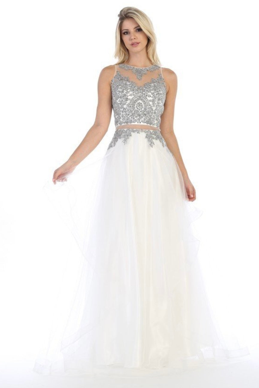 Chicas DR7004 Evening Silver A-Line Illusion Floor-Length Tulle Dress