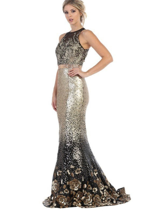 Chicas DR7005 Printed Metallic Evening Black Mermaid Illusion Fabric Dress
