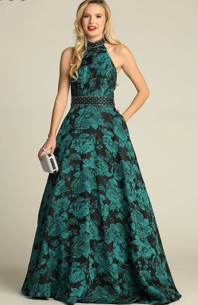 Chicas SD3002 Printed Evening Royal A-Line Halter Fabric Dress
