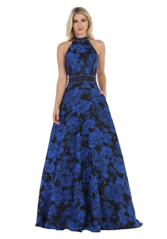 Chicas SD3002 Printed Evening Royal A-Line Halter Fabric Dress