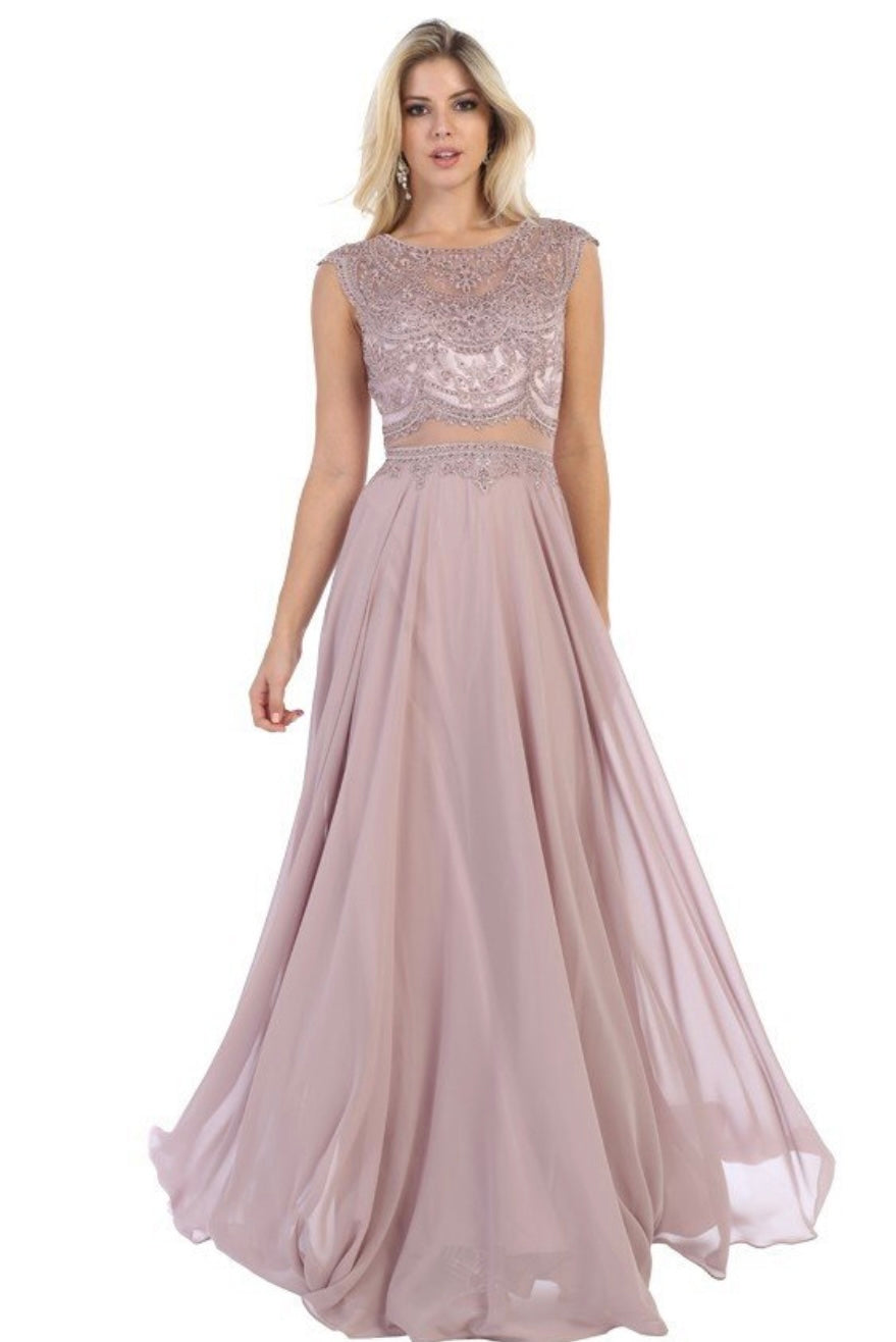 Chicas XR6001 Elegant Evening Navy A-Line Illusion Floor-Length Chiffon Dress