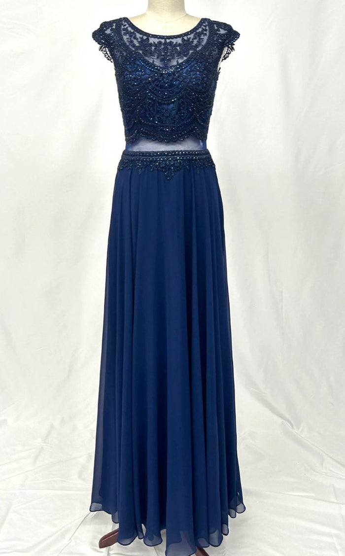 Chicas XR6001 Elegant Evening Navy A-Line Illusion Floor-Length Chiffon Dress