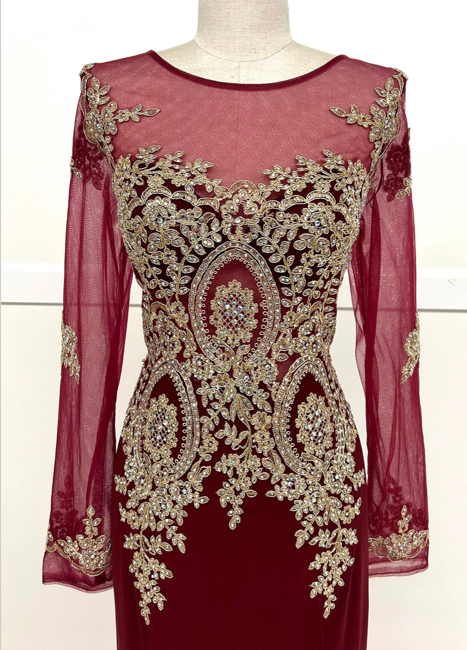 Chicas C3298 Elegant Evening Wine Mermaid Long-Sleeve Floor-Length Mesh Dress
