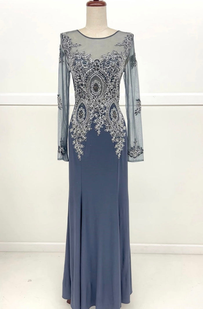 Chicas C3298 Elegant Evening Wine Mermaid Long-Sleeve Floor-Length Mesh Dress