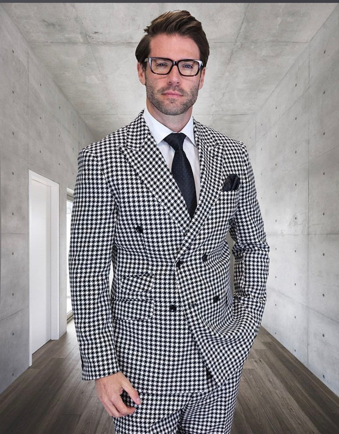 Men’s Black & White Houndstooth Double Breasted Wool Suit – 2 Piece Modern Fit Peak Lapel Suit – SuitUSA