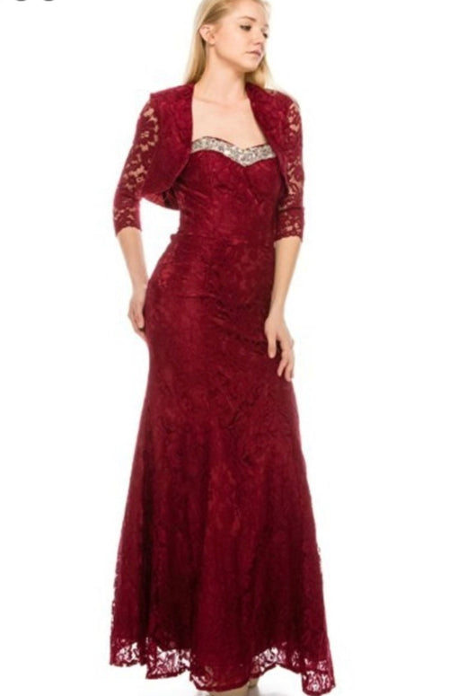 Chicas BK4801 Elegant Evening Navy Fit-and-Flare Sweetheart Floor-Length Lace Dress