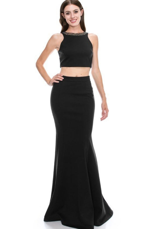 Chicas C2030 Modern Formal Black Mermaid Halter Beaded Fabric Dress