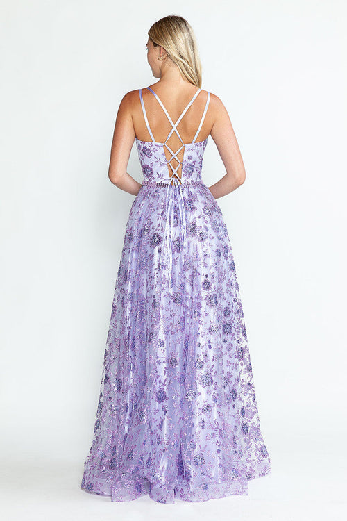 Glitter Embellished A-Line Gown with Corset Back & Stone Belt Formal Prom Dress by Lenovia 8235