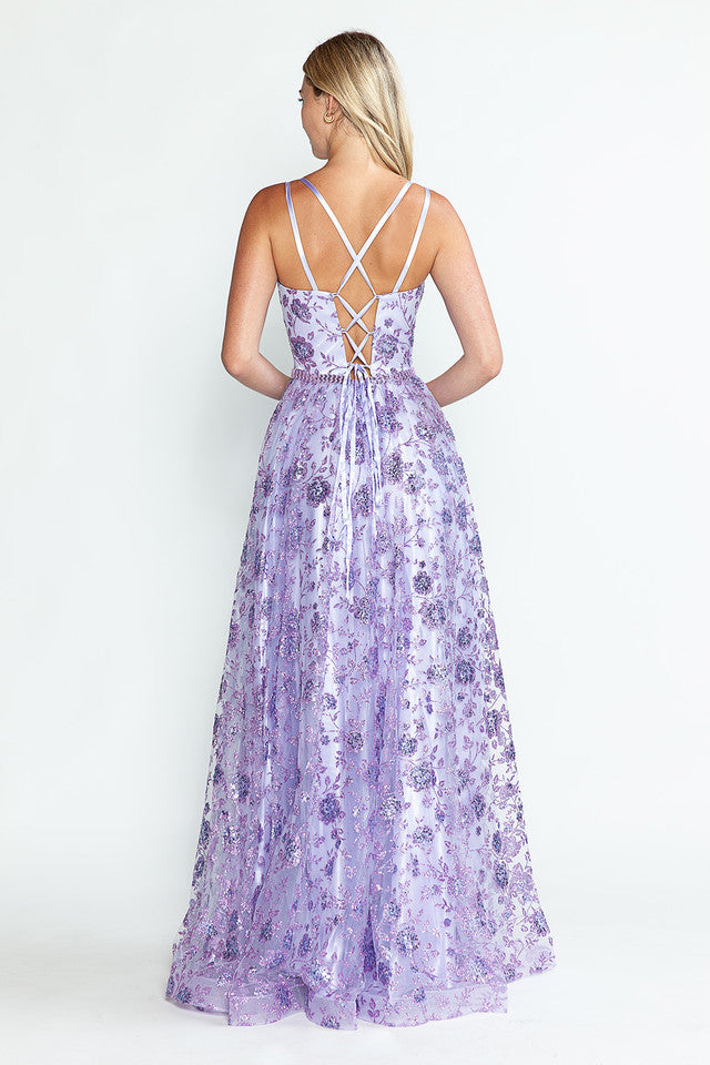 Glitter Embellished A-Line Gown with Corset Back & Stone Belt Formal Prom Dress by Lenovia 8235