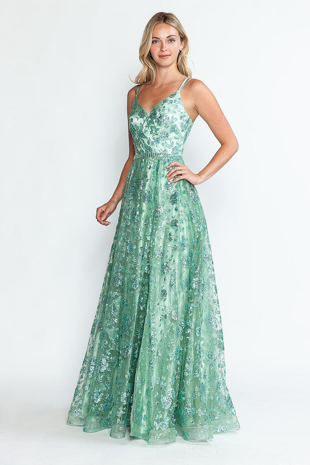 Glitter Embellished A-Line Gown with Corset Back & Stone Belt Formal Prom Dress by Lenovia 8235