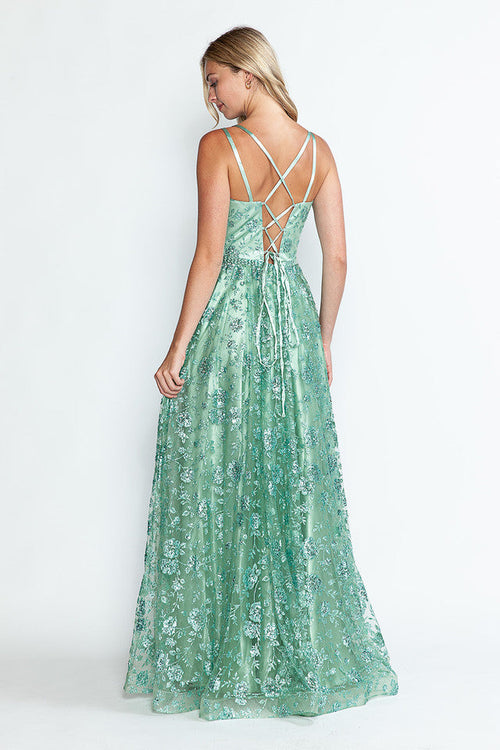 Glitter Embellished A-Line Gown with Corset Back & Stone Belt Formal Prom Dress by Lenovia 8235