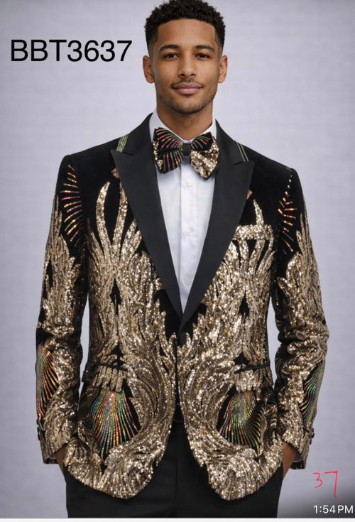 BBT3637 men's black blazer with gold sequin detailing