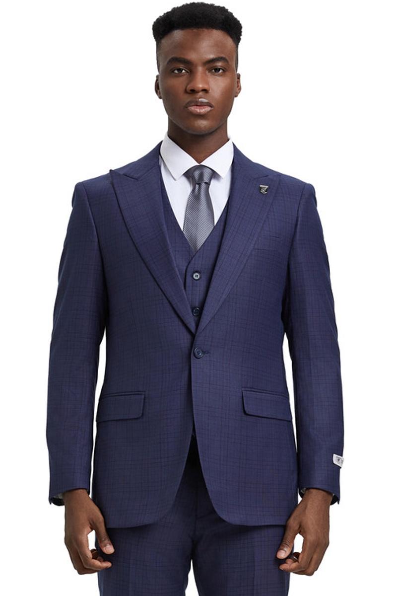 Men's Stacy Adams Vested One Button Wide Peak Lapel Windowpane Plaid Suit in Eggplant Purple – SuitUSA